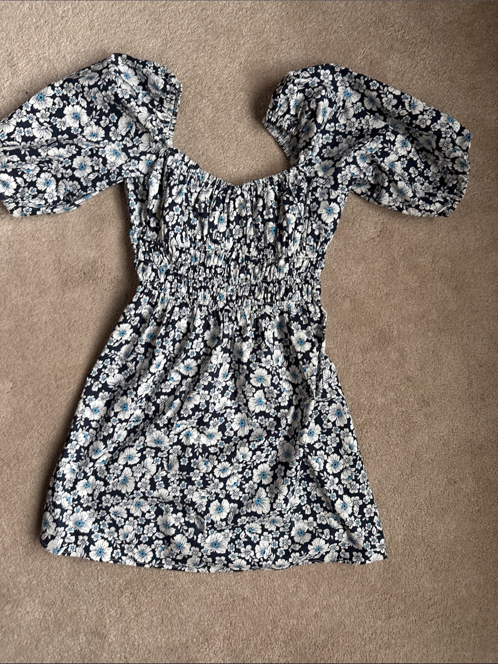 Altar'd State Navy Floral Puff-Sleeve Mini Dress